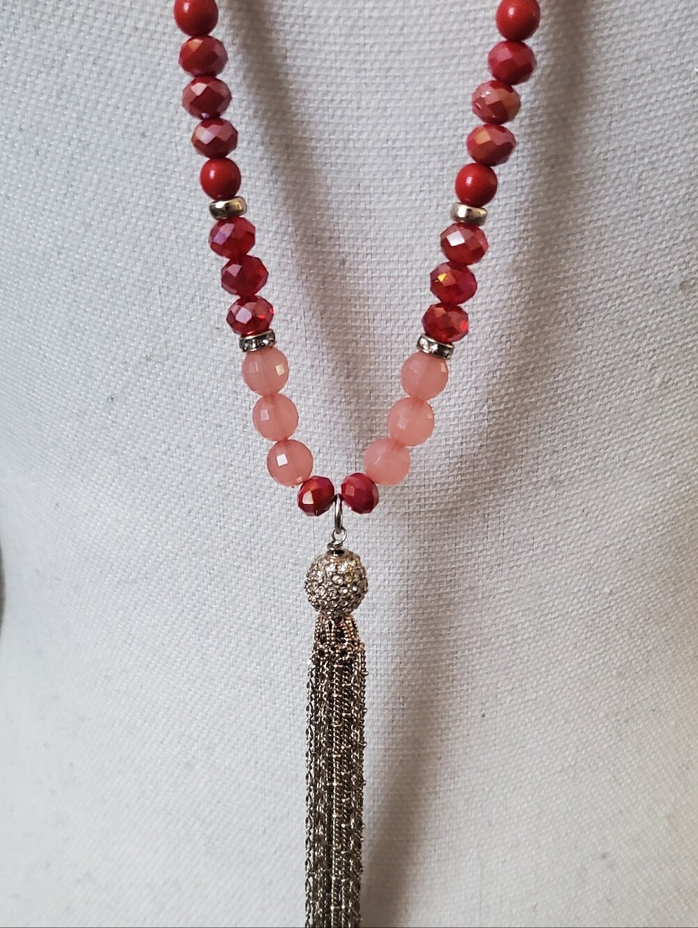 WHBM Pink, Berry Beaded Tassel Necklace & Stretch Bracelet Set | Crystal Accents - Picture 4 of 10